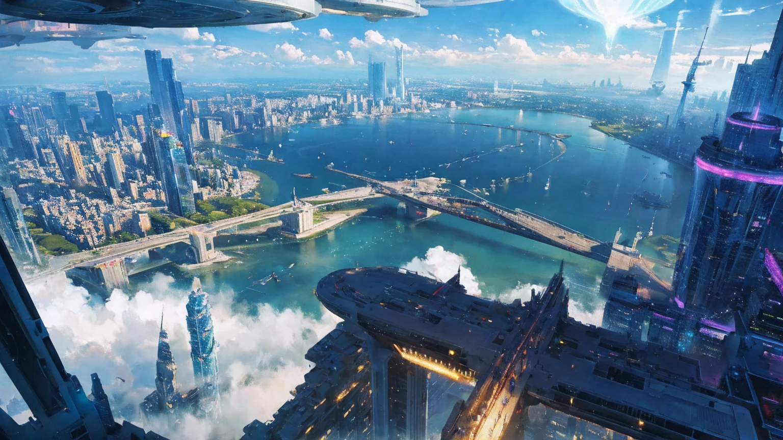 (Best quality,4K,8K,A high resolution,Masterpiece:1.2),Ultra-detailed,(Realistic,Photorealistic,photo-realistic:1.37),Futuristic floating city,Futuristic technology,Huge urban high-tech tablet platform,Airship,Floating in the sky,Futuristic city,Small airships around,High-tech hemispherical platform,Colorful lights,Advanced architecture,modernn architecture,skyscrapper,Access the cloud,Scenic beauty,view over city,Impressive design,Blend seamlessly with nature,energetic and vibrant atmosphere,Futuristic transportation system,Parking is suspended,Transparent path,Lush greenery,Sky gardens,cascading waterfalls,Magnificent skyline,reflections on the water,Sparkling river,Architectural innovation,futuristic skyscrapers,Transparent dome,The shape of the building is unusual,Elevated walkway,Impressive skyline,Glowing lights,Futuristic technology,Minimalist design,Scenic spots,Panoramic view,Cloud Piercing Tower,Vibrant colors,epic sunrise,epic sunset,Dazzling light display,magical ambiance,The future city,Urban Utopia,LuxuryLifestyle,Innovative energy,sustainable development,Smart city technology,Advanced infrastructure,Tranquil atmosphere,Nature and technology live in harmony,Awesome cityscape,Unprecedented urban planning,Architecture connects seamlessly with nature,High-tech metropolis,A cutting-edge engineering marvel,The future of urban living,Visionary architectural concept,Energy-efficient buildings,Harmony with the environment,A city floating above the clouds,Utopian dreams become reality,The possibilities are endless,State-of-the-art transportation network,Green energy integration,Innovative materials,Impressive holographic display,Advanced communication system,Breathtaking aerial view,Quiet and peaceful environment,Modernist aesthetics,Ethereal beauty