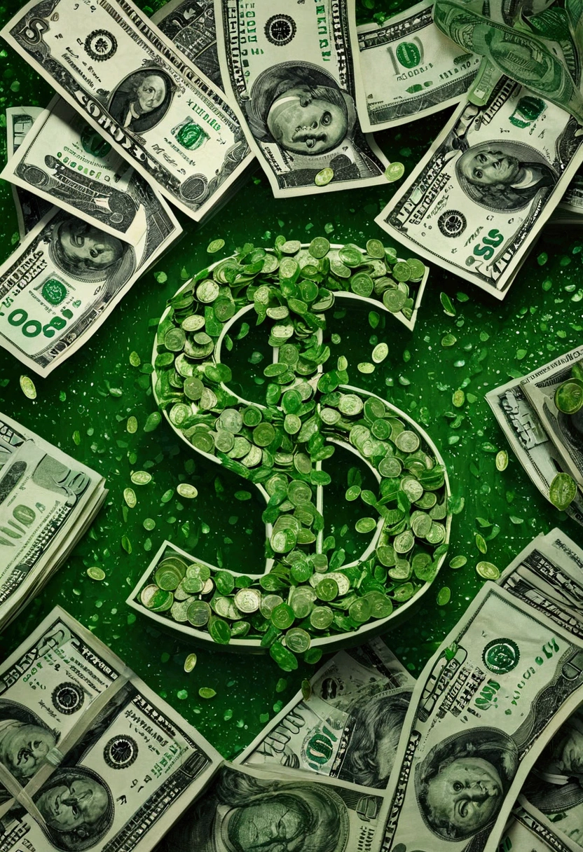 An album cover, raining dollars, all green and an acronym "$" in the middle and in the center written "DUNORT3"