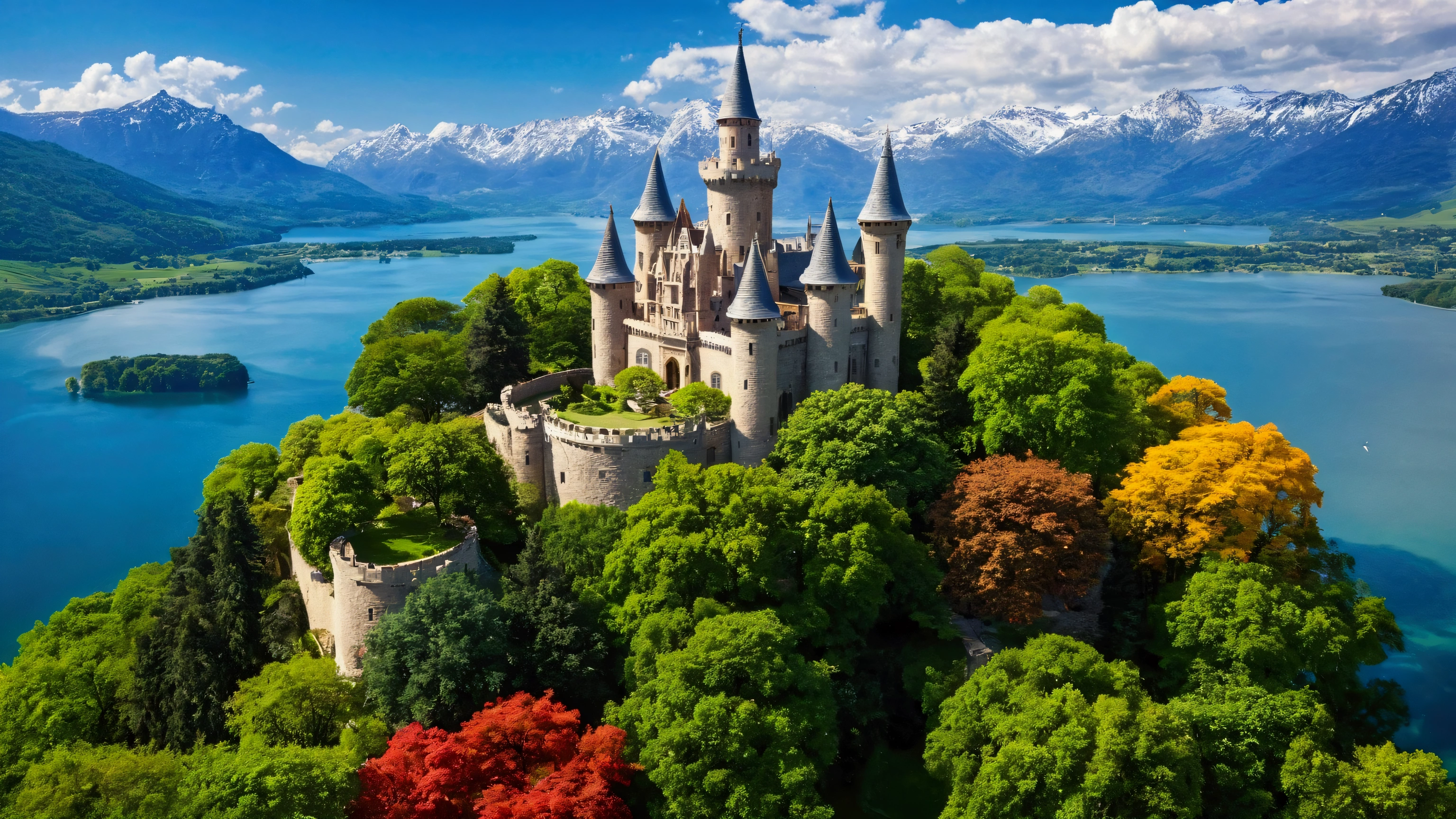 castle, trees that reach the heavens, vibrant colors, The Garden of Eden, beautiful perfection, in perceivable beauty, the first place on earth, lake, mountains, birds eye view, tree of knoledge