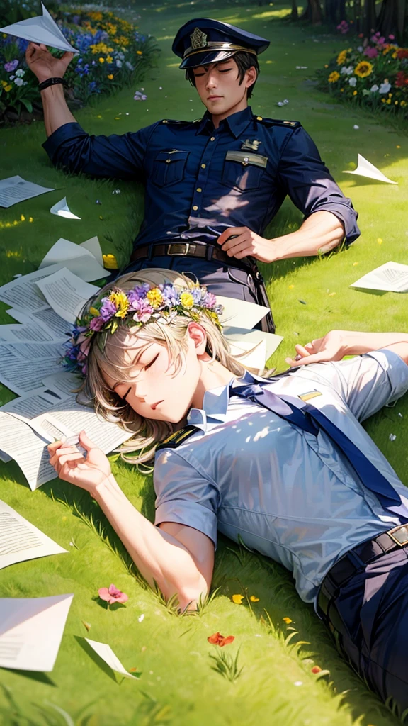 A man lying on the grass with his eyes closed, with many flowers around it, with flower crown and a police hat with paper airplanes flying 
