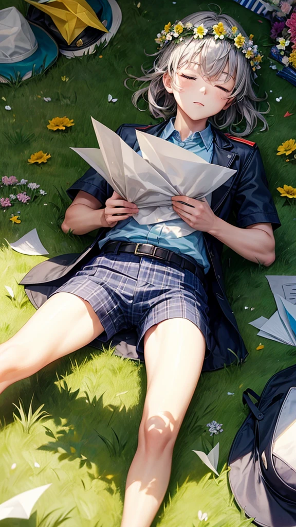 A man lying on the grass with his eyes closed, with many flowers around it, with flower crown and a police hat with paper airplanes flying