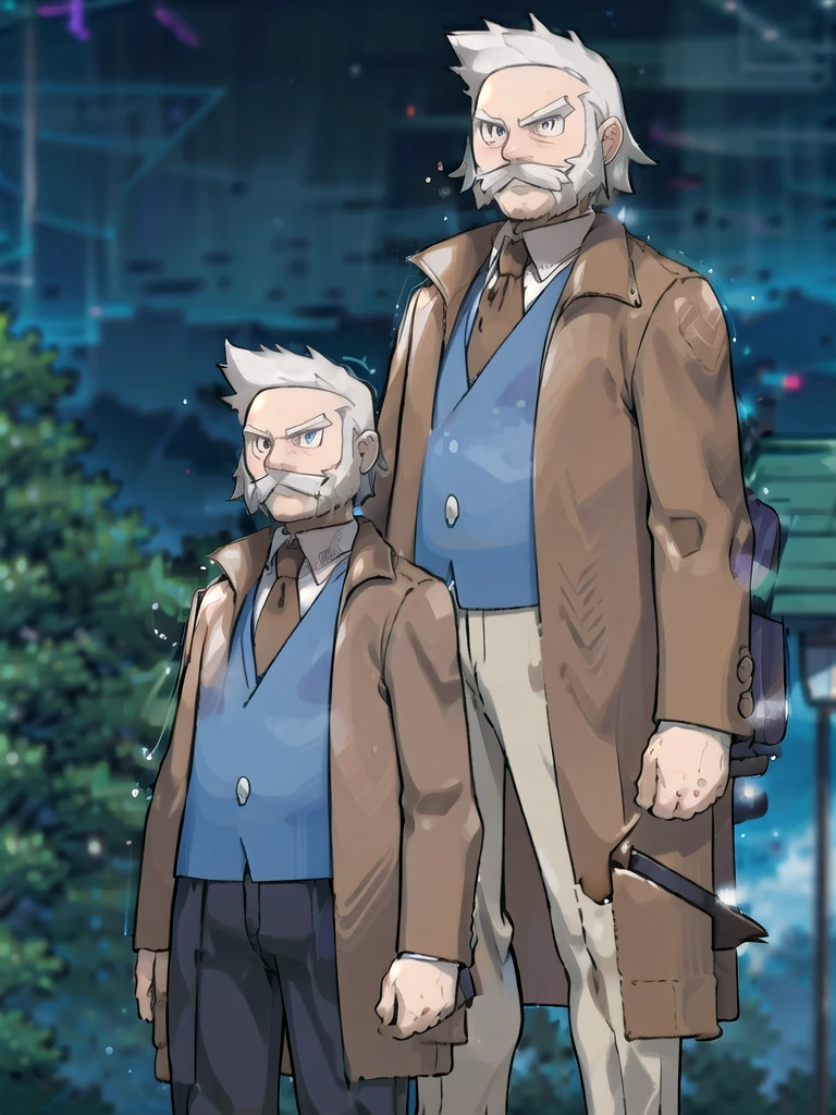 ProfessorRowan, solo, looking at viewer, shirt, 1boy, closed mouth, white shirt, upper body, white hair, male focus, outdoors,brown coat, necktie, collared shirt, blurry, night, blurry background, parody, formal, style parody