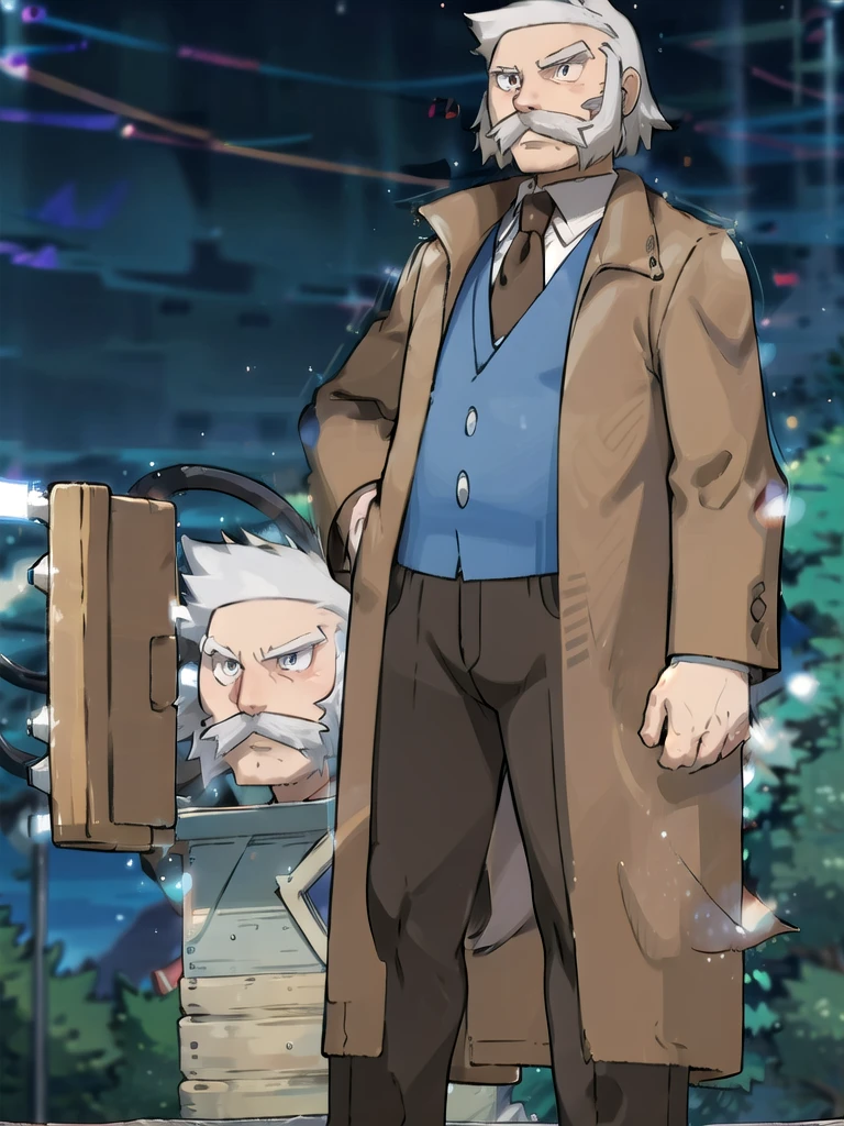 ProfessorRowan, solo, looking at viewer, shirt, 1boy, closed mouth, white shirt, upper body, white hair, male focus, outdoors,brown coat, necktie, collared shirt, blurry, night, blurry background, parody, formal, style parody