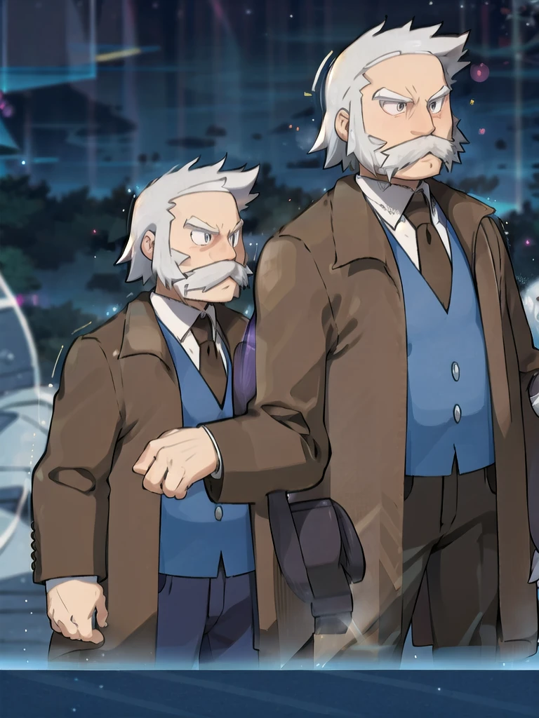 ProfessorRowan, solo, looking at viewer, shirt, 1boy, closed mouth, white shirt, upper body, white hair, male focus, outdoors,brown coat, necktie, collared shirt, blurry, night, blurry background, parody, formal, style parody