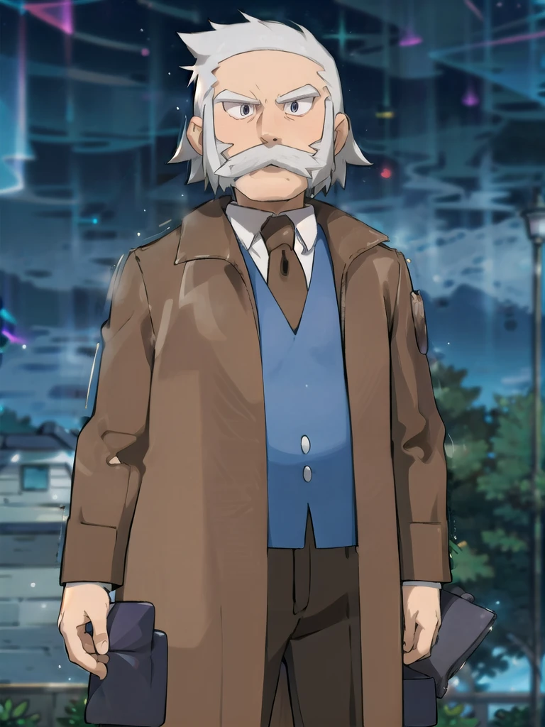 ProfessorRowan, solo, looking at viewer, shirt, 1boy, closed mouth, white shirt, upper body, white hair, male focus, outdoors,brown coat, necktie, collared shirt, blurry, night, blurry background, parody, formal, style parody