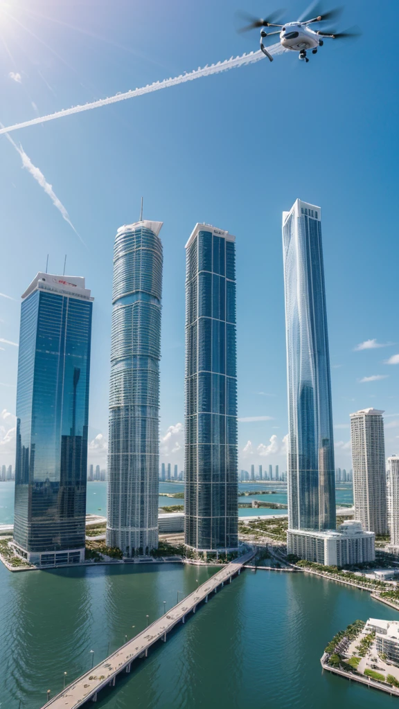 "Imagine the view of Biscayne Bay in Miami in the year 2100. Ultramodern skyscrapers with innovative and sustainable designs dominate the skyline, its glass facades reflect sunlight. Flying cars and delivery drones cross the sky, while suspension bridges and floating avenues connect the city's islands. To the eagle, artificial beaches with white sand and crystal clear waters stretch, surrounded by holographic palm trees and technology parks. The atmosphere is vibrant, with neon lights and digital screens displaying futuristic art and advertisements. As pessoas, wearing clothes with advanced technology, enjoy an environment where nature and technology coexist harmoniously.