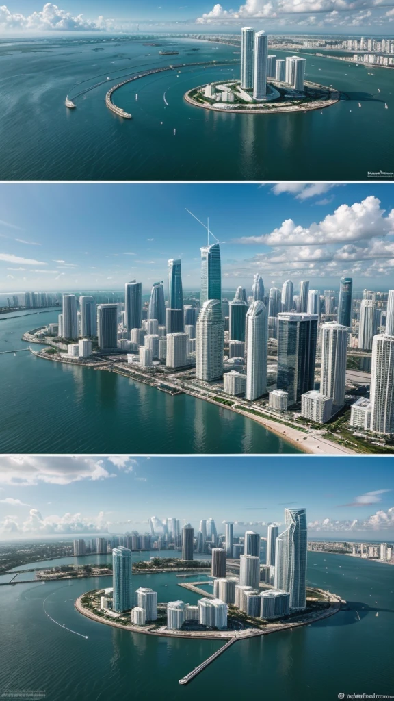 "Imagine the view of Biscayne Bay in Miami in the year 2100. Ultramodern skyscrapers with innovative and sustainable designs dominate the skyline, its glass facades reflect sunlight. Flying cars and delivery drones cross the sky, while suspension bridges and floating avenues connect the city's islands. To the eagle, artificial beaches with white sand and crystal clear waters stretch, surrounded by holographic palm trees and technology parks. The atmosphere is vibrant, with neon lights and digital screens displaying futuristic art and advertisements. As pessoas, wearing clothes with advanced technology, enjoy an environment where nature and technology coexist harmoniously.