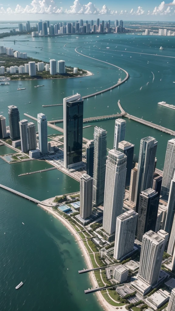 "Imagine the view of Biscayne Bay in Miami in the year 2100. Ultramodern skyscrapers with innovative and sustainable designs dominate the skyline, its glass facades reflect sunlight. Flying cars and delivery drones cross the sky, while suspension bridges and floating avenues connect the city's islands. To the eagle, artificial beaches with white sand and crystal clear waters stretch, surrounded by holographic palm trees and technology parks. The atmosphere is vibrant, with neon lights and digital screens displaying futuristic art and advertisements. As pessoas, wearing clothes with advanced technology, enjoy an environment where nature and technology coexist harmoniously.