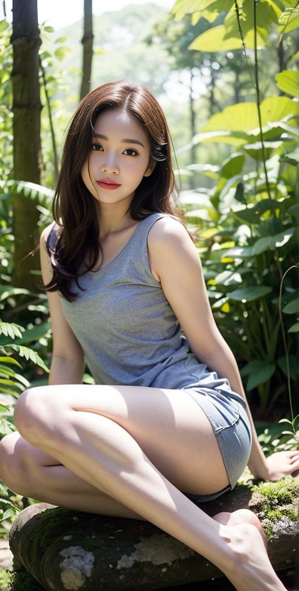 masterpiece, best quality, Surreal, Ultra Detailed, 8k resolution, RAW photos, Clear focus, (A girl in the forest), ((light gray shirt)), sleeveless, sports Shorts,, Solitary, Perfect body, Perfect body, Bangs to eyebrows、Beautiful brown hair、Beautiful and delicate eyes、Brown eyes、Raise an eyebrow、Bangs to eyebrows、Beautiful brown hair、Beautiful and delicate eyes、Slender legs，Brown eyes、Raise an eyebrow、High Nose、Small nostril、Little mouth、Tempting lips、Mouth slightly open、Beautiful breasts、Full body、Oval face,Phoenix Eyes，Eyebrow， Double eyelids, Long eyelashes, A faint smile, full-body shot:1.2，She has a pair of eyes as clear as water，Eyebrows are like distant mountains，Creamy skin，Lips like cherry blossoms，玉Slender legs如柳枝，Her beauty is not only in appearance，It&#39;s more about her fragile yet tenacious temperament，Like a hibiscus flower swaying in the wind，It's pitiful， A faint smile, full-body shot:1.2，Playful and flirty pose，The calves are straight and thin:1.5，Wear high-end brand colored sneakers:1.5， 32 inches in the chest,(a charming smile:1.2), (sexy pose)，26 years old, light,White shoes，