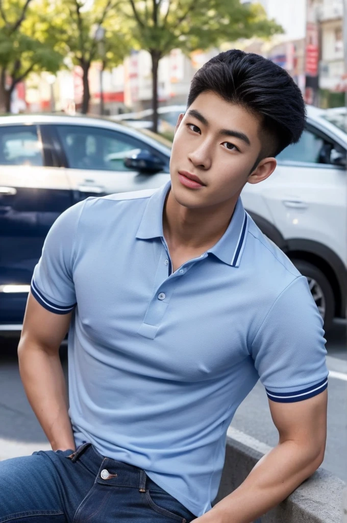 ((realistic daylight)) , Young Korean man in a navy blue polo shirt and jeans, A handsome, muscular young Asian man looks at the camera. In a simple t-shirt blue and red , roadside traffic ,((look sideways))