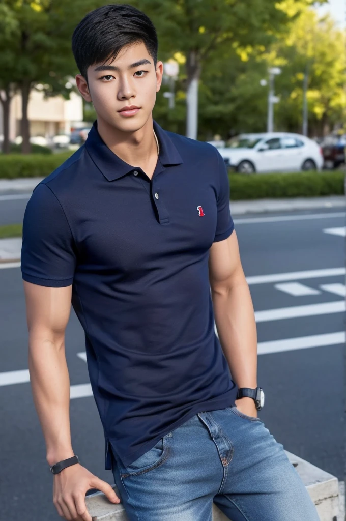 ((realistic daylight)) , Young Korean man in a navy blue polo shirt and jeans, A handsome, muscular young Asian man looks at the camera. In a simple t-shirt blue and red , roadside traffic ,((look sideways))