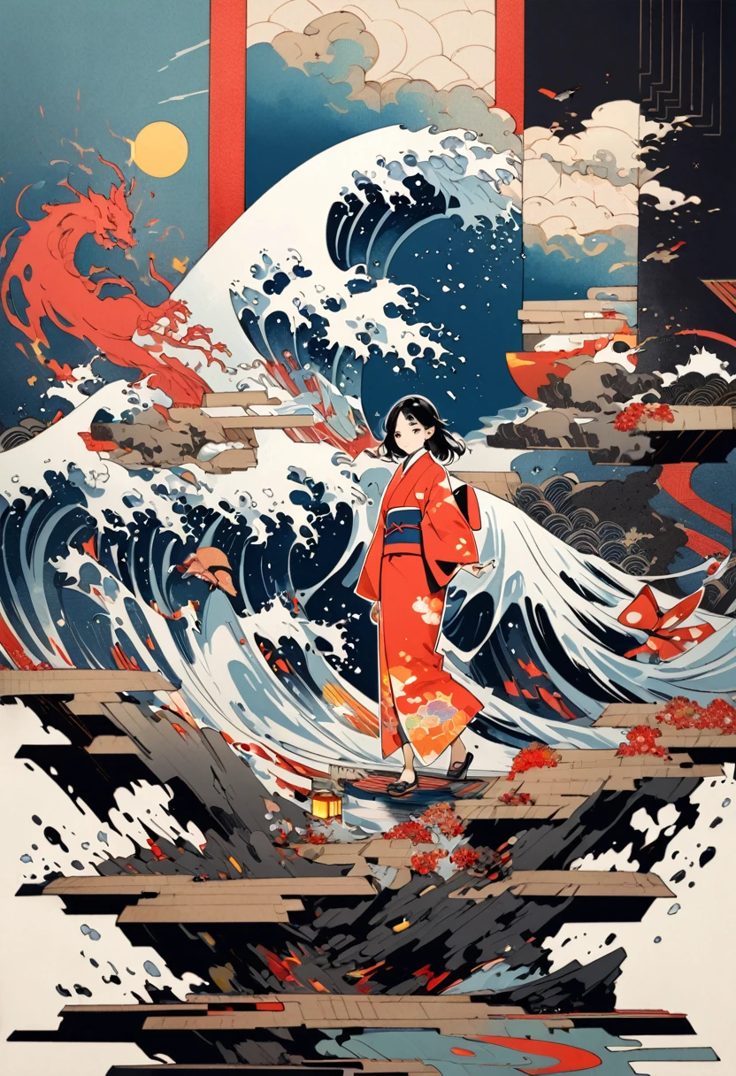 conceptual installation pop art, 2.5D, delicate and dynamic, red and yellow signals, red and yellow neon lines, natural disasters, earthquakes, floods, fusion of watercolors and oil paintings, fusion of paper cutting and shadow puppetry, mix of monochrome and color, mix of Japanese painting, ukiyo-e and woodblock prints, ink, shading, gradation, wet in wet, water splash, Japanese paper quality, best quality, super fine