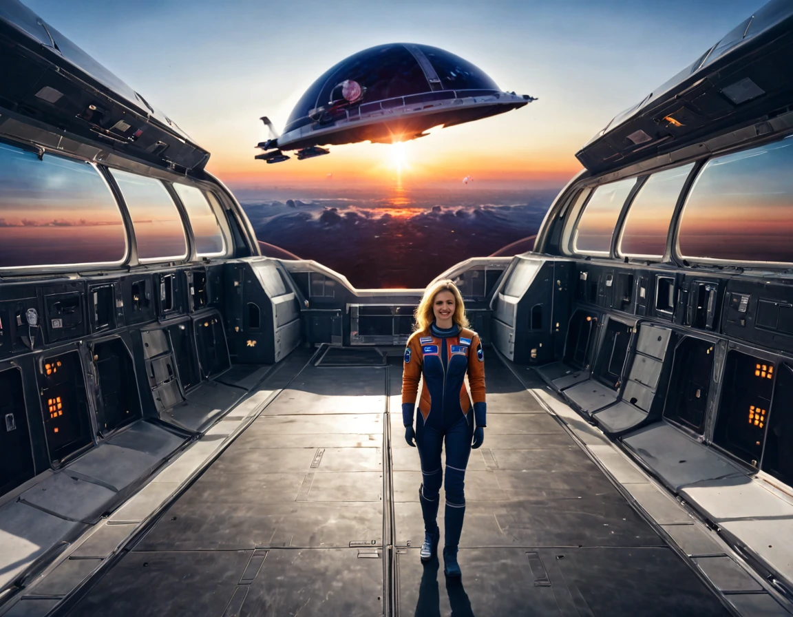 ((realistic, masterpiece, photography, 8K, high degree of detail))A beautiful blonde in a spaceship pilot costume smiles against the background of an uninhabited planet. On this uninhabited planet, the sky is a spectacular sight: It is filled with bright colors reflecting the glow of extraordinary satellites. These satellites, majestic in size and shape, cover the sky with stars and create amazing landscapes. Spaceships float smoothly between them, leaving behind traces of light and flickering reflections. Their strange shapes and technological design contrast with the beauty and tranquility of this planet, giving it a mysterious and mystical charm. Travelers flying by stop to admire this amazing sight and soak up the magic of this cosmic world.