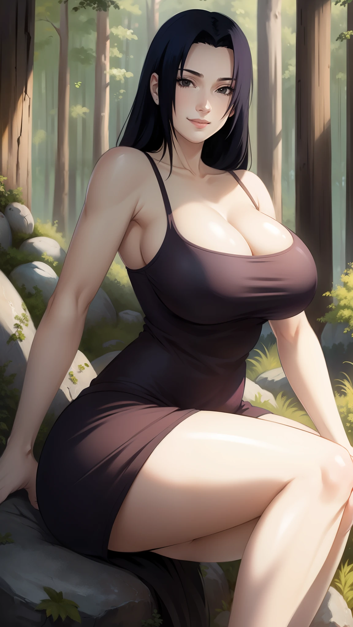 Mikoto Uchiha, oil painting, highly detailed, realistic, portrait, bright colors, soft lighting, (best quality, 4k,8k, height, masterpiece: 1.2), (big round breasts: 1.5), professional, long black hair, eyes black, beautiful detailed eyes and face, very detailed smile, long eyelashes, sitting on a rock, looking towards the viewer, very short top, big butt, bare shoulders, white shorts, outdoors, forest, cowboy shot, collarbone.