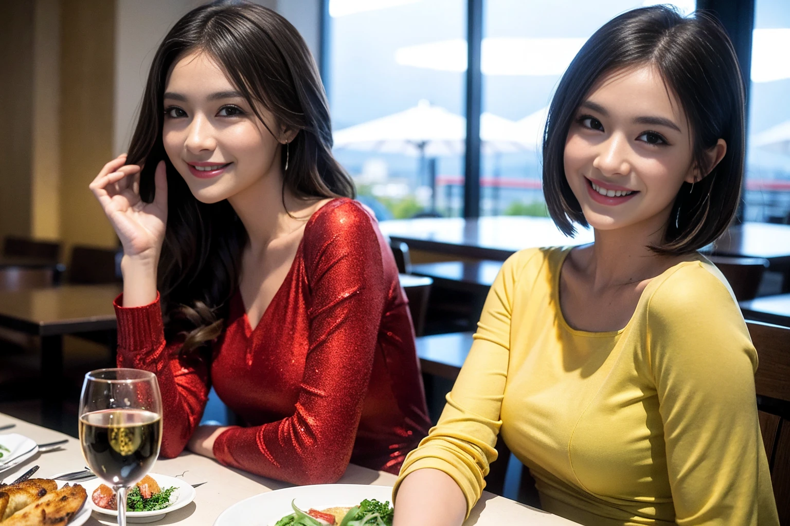 ((Highest quality、8K、masterpiece:1.3))、cute、slimカップル、modelカップル、actress男優、(Realistic, Intricate details:1.2), full-course dinner、Wine Party、Amazing view of the sunset sky and clouds、A bright smile、short hair,Bright Face、 (Age 37), 42 years old, red wine 、Appetizers、Italian food、Wine bottle、Champagne、sparkling wine、Two beauties、Brown Hair、Shortcuts、Long sleeve shirt、dress、Beautiful woman 1, (slimな顔), (The body is slim), (Brown Hair), (Shortcuts), cheeks turn a little red,Attractive beauty、restaurant, In a prominent place (From the waist up) Nova Frog Style, actress, model, Upper Body, White wine, slim, wine glass, 中央に置かれたwine glass, smile, (smile: 1.15), Beautiful fine grain, Depth f/2,saturation, High Contrast, Strong light and shadow,Moist Body:1.5、3D texture、Delicate eyes、Brown Hair、The hair is very shiny、