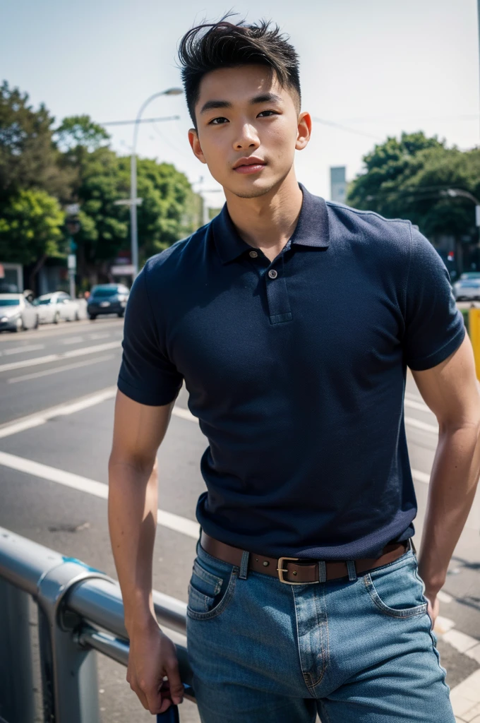 ((realistic daylight)) , Young Korean man in a navy blue polo shirt and jeans, A handsome, muscular young Asian man looks at the camera. In a simple t-shirt blue and red , roadside traffic ,((look sideways))