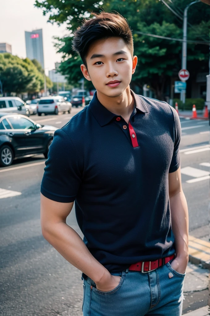 ((realistic daylight)) , Young Korean man in a navy blue polo shirt and jeans, A handsome, muscular young Asian man looks at the camera. In a simple t-shirt blue and red , roadside traffic ,((look sideways))