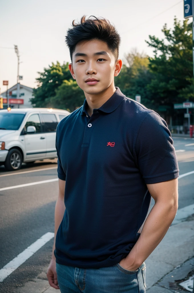 ((realistic daylight)) , Young Korean man in a navy blue polo shirt and jeans, A handsome, muscular young Asian man looks at the camera. In a simple t-shirt blue and red , roadside traffic ,((look sideways))