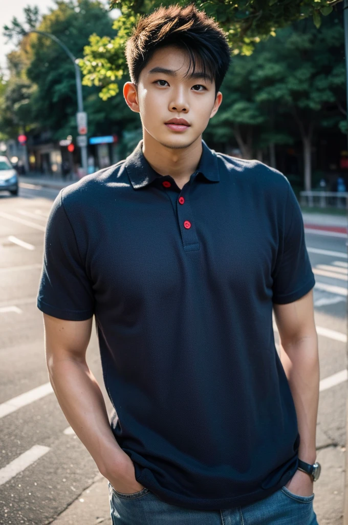 ((realistic daylight)) , Young Korean man in a navy blue polo shirt and jeans, A handsome, muscular young Asian man looks at the camera. In a simple t-shirt blue and red , roadside traffic ,((look sideways))