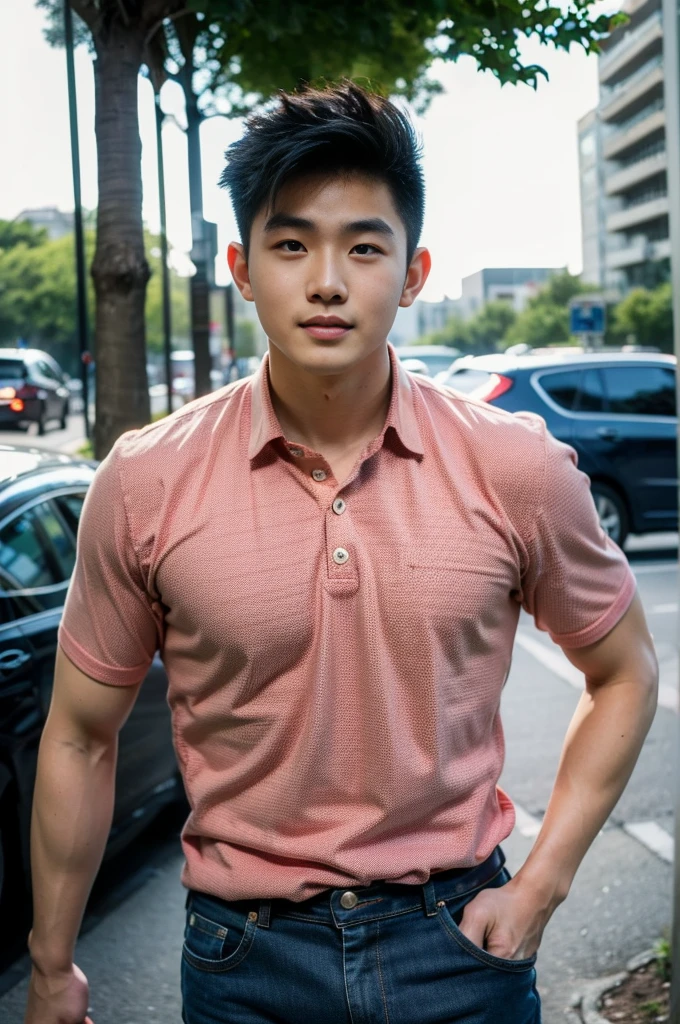 ((realistic daylight)) , Young Korean man in a navy blue polo shirt and jeans, A handsome, muscular young Asian man looks at the camera. In a simple t-shirt blue and red , roadside traffic ,((look sideways))