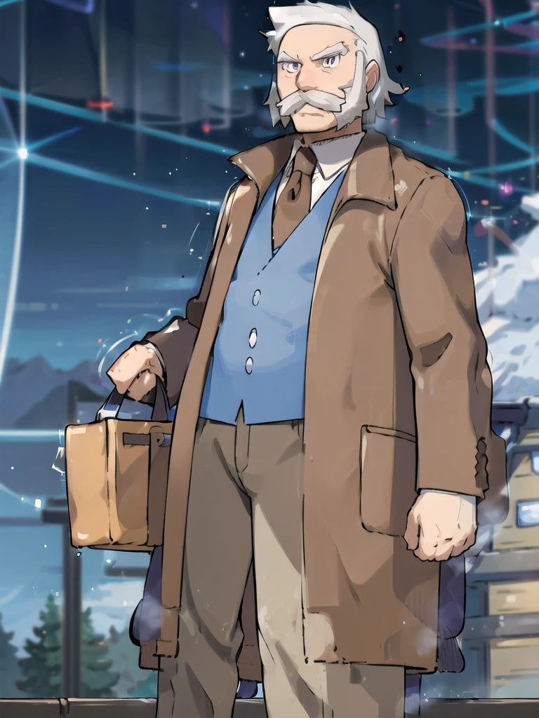 (masterpiece, best quality:1.2),ProfessorRowan, solo, looking at viewer, shirt, 1boy, closed mouth, white shirt, upper body, white hair, male focus, outdoors,brown coat, necktie, collared shirt, blurry, night, blurry background, parody, formal, style parody