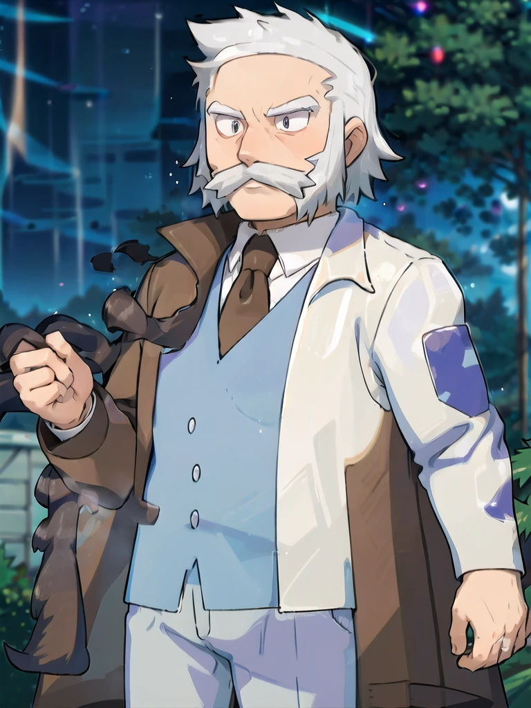 (masterpiece, best quality:1.2),ProfessorRowan, solo, looking at viewer, shirt, 1boy, closed mouth, white shirt, upper body, white hair, male focus, outdoors,brown coat, necktie, collared shirt, blurry, night, blurry background, parody, formal, style parody