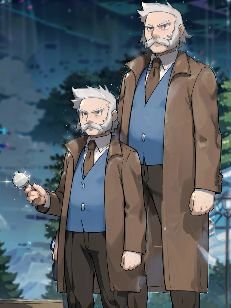 (masterpiece, best quality:1.2),ProfessorRowan, solo, looking at viewer, shirt, 1boy, closed mouth, white shirt, upper body, white hair, male focus, outdoors,brown coat, necktie, collared shirt, blurry, night, blurry background, parody, formal, style parody