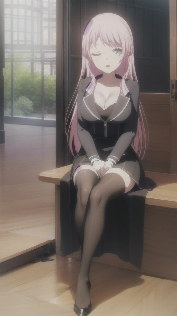 A girl,,Long hair, Bangs, Pink hair, Hair between the eyes, s eyes:(1.5), (中的breast:1.2), rest 锁骨, Wedding dress,veil,wedding,Black dress,Flowers,The skirt is broken,Black socks,Black knee socks,Black gloves,Long boots,Cleavage,breast, Looking at the audience, whole body, Open your mouth,lol, indoors, church,permanent,permanent,微lol,With one eye closed, rest (masterpiece:1.2), best quality, high resolution, 8k wallpaper, (illustration:0.8), (美丽细致s eyes:1.6), Extremely detailed face, Perfect lighting, Extremely detailed CG, (Perfect hands, Perfect anatomical structure),