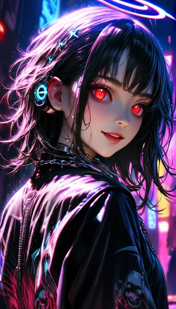 1 girl, chromatic aberration, depth of field, soft lighting, masterpiece, top quality, complex, tone map, highly detailed, art station, concept art, smooth, sharp focus, dramatic lighting, highly detailed artwork, cinematic, super realistic painting, art station's trending, 8k, incredible shadows, realistic, (highly detailed background:1.0), upper body, looking back, highly detailed portrait of one girl 1, standing on street corner, during downpour with lightning and cloudy sky, neon and cyber punk background, she is dressed in punk clothing with silver chains and silver spikes, her hair is painted with a delicate touch with black middle hair, she is wearing headphones, detailed glowing red eyes with clear pupils, ominous aura of Halo, smiling, punk, ciber punk, back Lights.