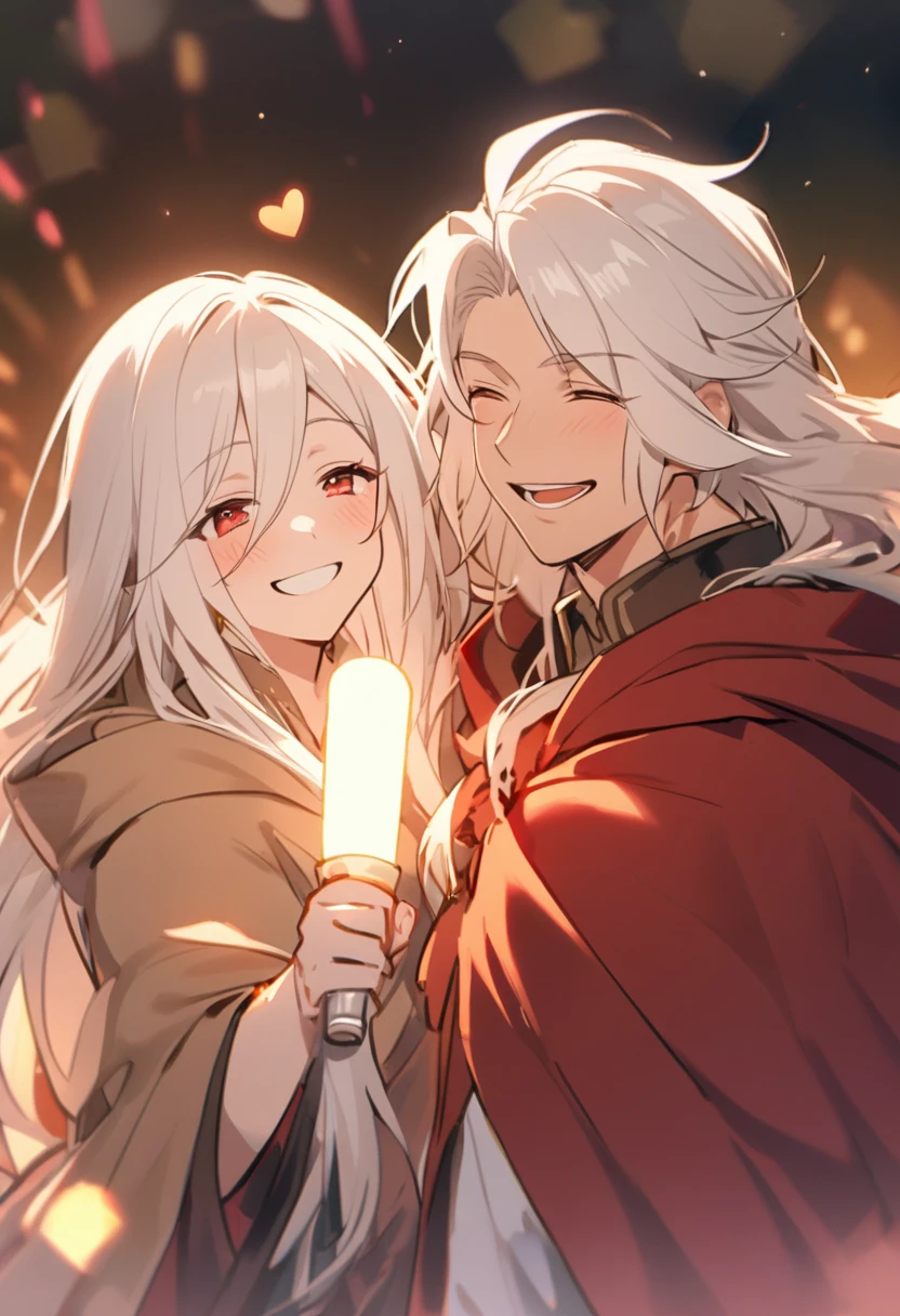1 male, long hair, white hair, red eyes, cloak, experienced, face close, mature, happy, smiling, laughing, holding light stick, heart