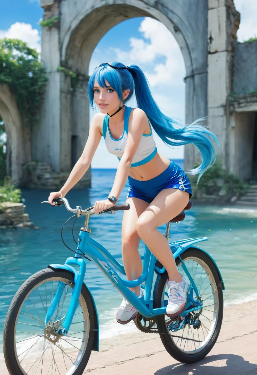 1girl, ponytail, blue hair, blue eyes, rides a bicycle, dolphin shorts, short shorts, maritime ruins
