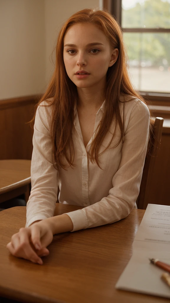 sitting at a table with red hair, Sexy photo of a very young sexy woman, 16 years old, with disheveled copper-red hair , a bit like Scarlett Johansson, juicy figure, big breasts, wonderful big eyes and full lips, at school , In the classroom context,  Attire, She is angry, Angry, sits at the table