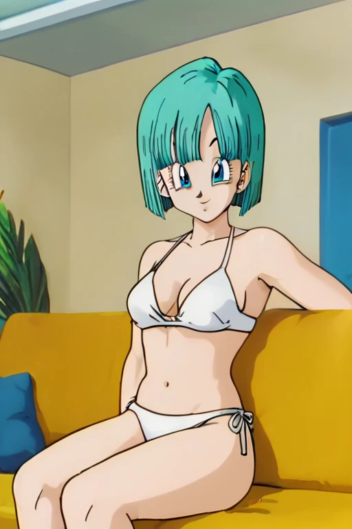 source_anime, score_9, score_8_up, score_7_up, anime screencap,
Namek saga, bulma, 1girl, solo, breasts, looking at viewer, annoyed, short hair, aqua hair, fringe trim, blue eyes, standing up, tank top, light gray panties,bend over, sexy, (((close up))), ((spaceship)), back, red headband, metal plates, red tiled floor, undressing, ((underboob))