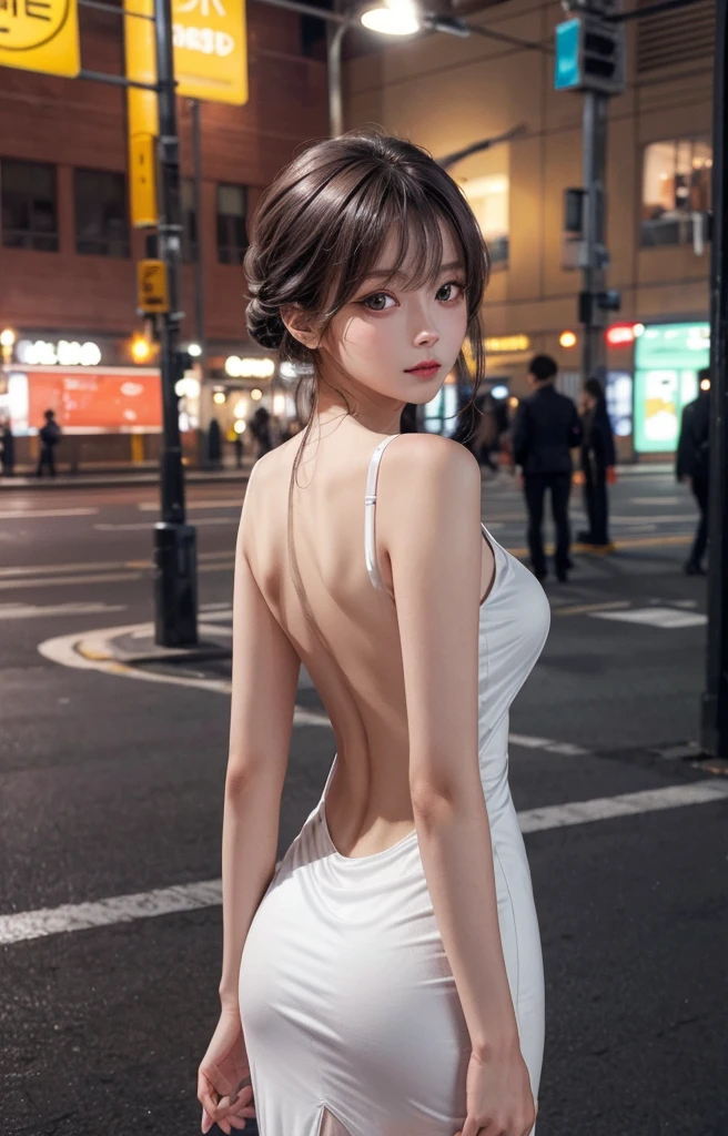 masterpiece, 1 beautiful girl, Delicate eyes, Purebred face_v1, Top quality, Ultra high resolution, (Reality: 1.4), Japanese, Korean, very beautiful, Beautiful skin, slim, (超Reality), (high resolution), (8K), (Very detailed), Delicate face, Bright Lights, Professional lighting, Looking at the audience, Face straight ahead, White backless see-through dress,big , 46 points side bangs,