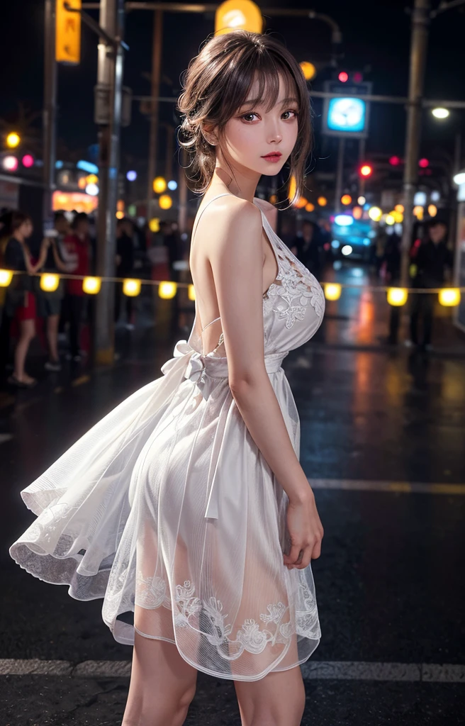 masterpiece, 1 beautiful girl, Delicate eyes, Purebred face_v1, Top quality, Ultra high resolution, (Reality: 1.4), Japanese, Korean, very beautiful, Beautiful skin, slim, (超Reality), (high resolution), (8K), (Very detailed), Delicate face, Bright Lights, Professional lighting, Looking at the audience, Face straight ahead, White backless see-through dress,big nipples, 46 points side bangs, 