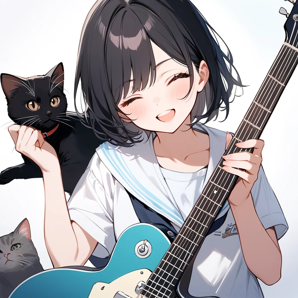 by haru, 1girl, instrument, solo, guitar, one eye closed, skirt, neckerchief, short sleeves, sailor collar, black hair, short hair, shirt, cat, holding instrument, holding, white shirt,White background