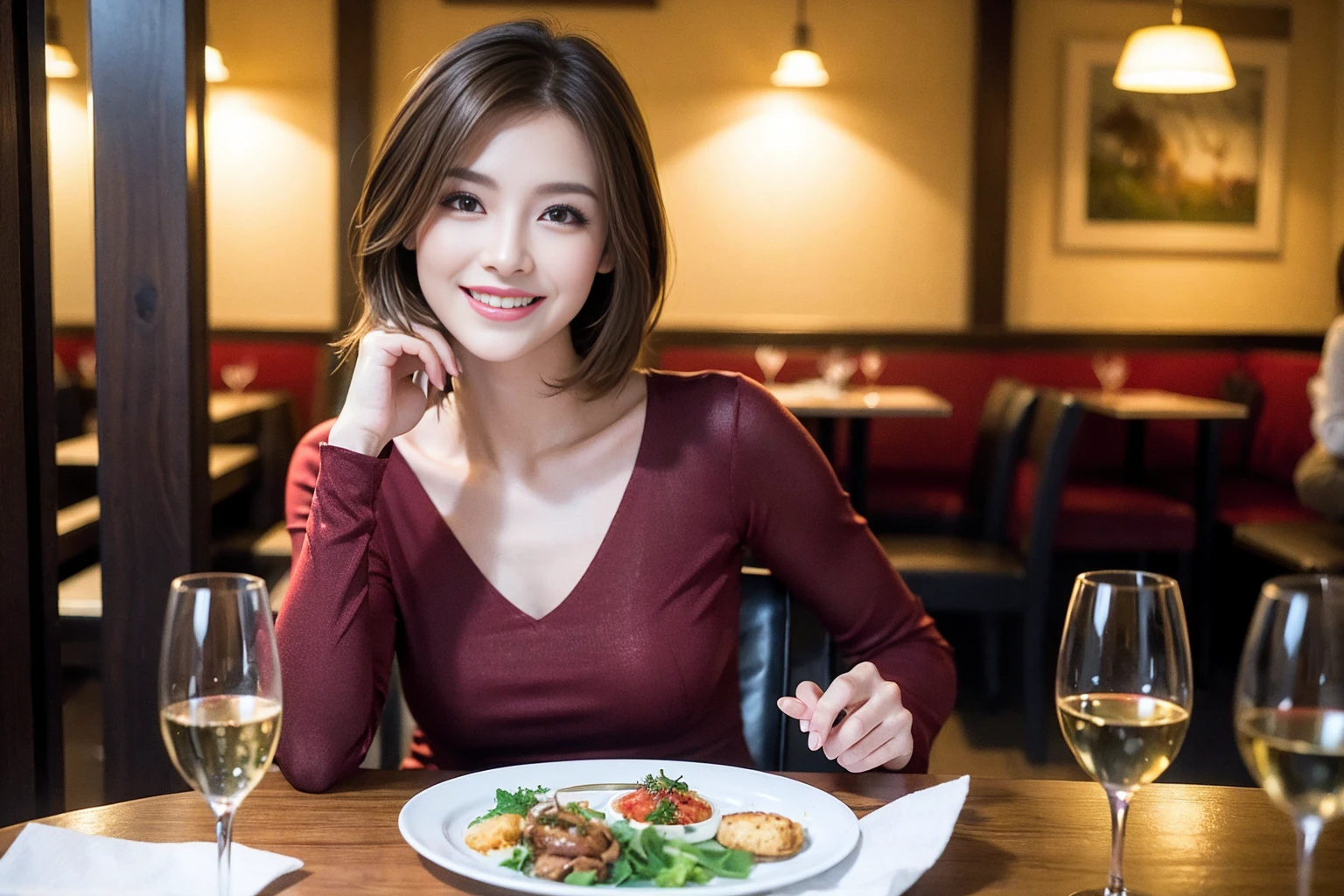 ((Highest quality、8K、masterpiece:1.3))、cute、slimカップル、modelカップル、actress男優、(Realistic, Intricate details:1.2), full-course dinner、Wine Party、Amazing view of the sunset sky and clouds、A bright smile、short hair,Bright Face、 (Age 45), 42 years old, red wine 、Appetizers、Italian food、Wine bottle、Champagne、sparkling wine、Two beauties、Brown Hair、Shortcuts、Long sleeve shirt、dress、Beautiful woman 1, (slimな顔), (The body is slim), (Brown Hair), (Shortcuts), cheeks turn a little red,Attractive beauty、restaurant, In a prominent place (From the waist up) Nova Frog Style, actress, model, Upper Body, White wine, slim, wine glass, 中央に置かれたwine glass, smile, (smile: 1.15), Beautiful fine grain, Depth f/2,saturation, High Contrast, Strong light and shadow,Moist Body:1.5、3D texture、Delicate eyes、Brown Hair、The hair is very shiny、