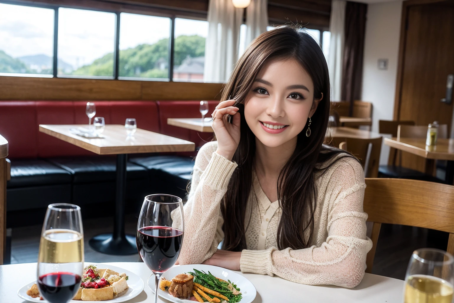 ((Highest quality、8K、masterpiece:1.3))、cute、slimカップル、modelカップル、actress男優、(Realistic, Intricate details:1.2), full-course dinner、Wine Party、Amazing view of the sunset sky and clouds、A bright smile、short hair,Bright Face、 (Age 45), 42 years old, red wine 、Appetizers、Italian food、Wine bottle、Champagne、sparkling wine、Two beauties、Brown Hair、Shortcuts、Long sleeve shirt、dress、Beautiful woman 1, (slimな顔), (The body is slim), (Brown Hair), (Shortcuts), cheeks turn a little red,Attractive beauty、restaurant, In a prominent place (From the waist up) Nova Frog Style, actress, model, Upper Body, White wine, slim, wine glass, 中央に置かれたwine glass, smile, (smile: 1.15), Beautiful fine grain, Depth f/2,saturation, High Contrast, Strong light and shadow,Moist Body:1.5、3D texture、Delicate eyes、Brown Hair、The hair is very shiny、