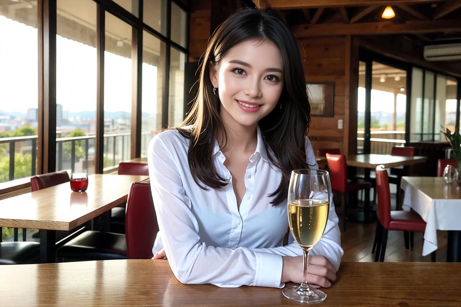 ((Highest quality、8K、masterpiece:1.3))、cute、slimカップル、modelカップル、actress男優、(Realistic, Intricate details:1.2), full-course dinner、Wine Party、Amazing view of the sunset sky and clouds、A bright smile、short hair,Bright Face、 (Age 45), 42 years old, red wine 、Appetizers、Italian food、Wine bottle、Champagne、sparkling wine、Two beauties、Brown Hair、Shortcuts、Long sleeve shirt、dress、Beautiful woman 1, (slimな顔), (The body is slim), (Brown Hair), (Shortcuts), cheeks turn a little red,Attractive beauty、restaurant, In a prominent place (From the waist up) Nova Frog Style, actress, model, Upper Body, White wine, slim, wine glass, 中央に置かれたwine glass, smile, (smile: 1.15), Beautiful fine grain, Depth f/2,saturation, High Contrast, Strong light and shadow,Moist Body:1.5、3D texture、Delicate eyes、Brown Hair、The hair is very shiny、