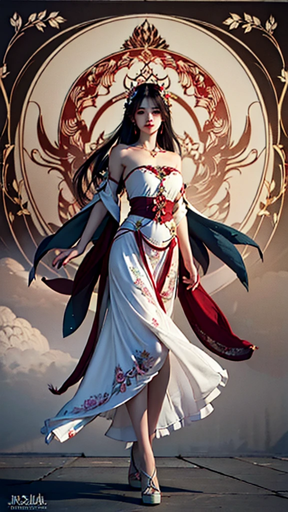 best quality,masterpiece,Ultra-high resolution,(photoactual:1.4),,Sky full of mandalas（background）,20 years old ,mandala flower fairy（oriental woman）,Dark red shawl long hair,cold eyes,Sexy body,Big breasts,Wearing a mandala strapless dress,Take a walk among mandalas
