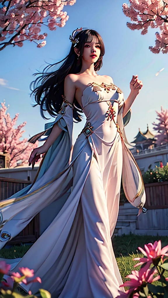best quality,masterpiece,Ultra-high resolution,(photoactual:1.4),,Sky full of mandalas（background）,20 years old ,mandala flower fairy（oriental woman）,Dark red shawl long hair,cold eyes,Sexy body,Big breasts,Wearing a mandala strapless dress,Take a walk among mandalas