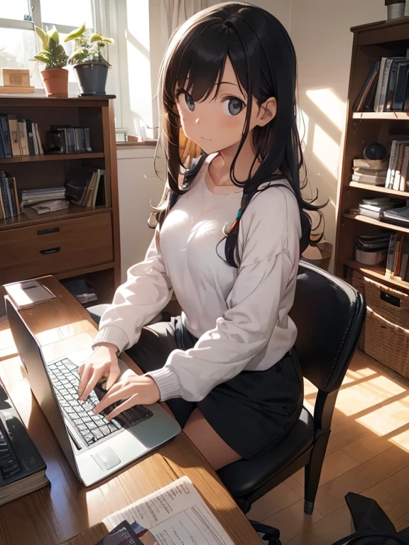 A person sitting at a desk, working on a laptop. The desk has a cup of coffee, some books, and a potted plant. The background is a cozy home office with warm lighting.