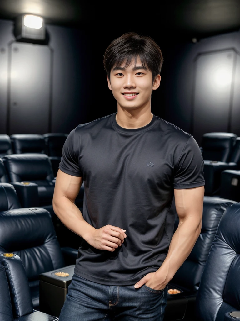 独奏: 1.5, (As a matter of fact, Masterpiece, 8k HD, good light quality, sportswear, fit the face, complicated details), A handsome Korean young man with muscular arms. , 20 years old, be happy, smile brightly, detailed face, delicate eyes, look at the sky, Wear a navy tight T-shirt.:1.6 ,Wear a denim coat., jeans period, black eyes, Black hair color, ผมsmooth, smooth,Surreal,Awesome details,Highest quality,real,Open your mouth to talk. , Close your eyes., (standing in a movie theater:1.5)