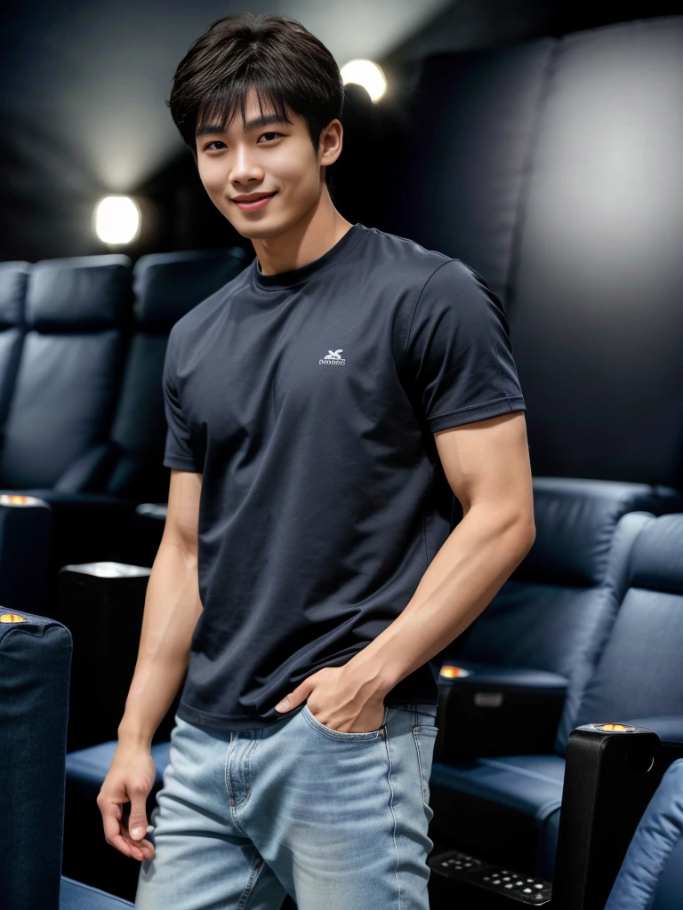 独奏: 1.5, (As a matter of fact, Masterpiece, 8k HD, good light quality, sportswear, fit the face, complicated details), A handsome Korean young man with muscular arms. , 20 years old, be happy, smile brightly, detailed face, delicate eyes, look at the sky, Wear a navy tight T-shirt.:1.6 ,Wear a denim coat., jeans period, black eyes, Black hair color, ผมsmooth, smooth，Surreal，Awesome details，Highest quality，real，Open your mouth to talk. , Close your eyes., (standing in a movie theater:1.5)