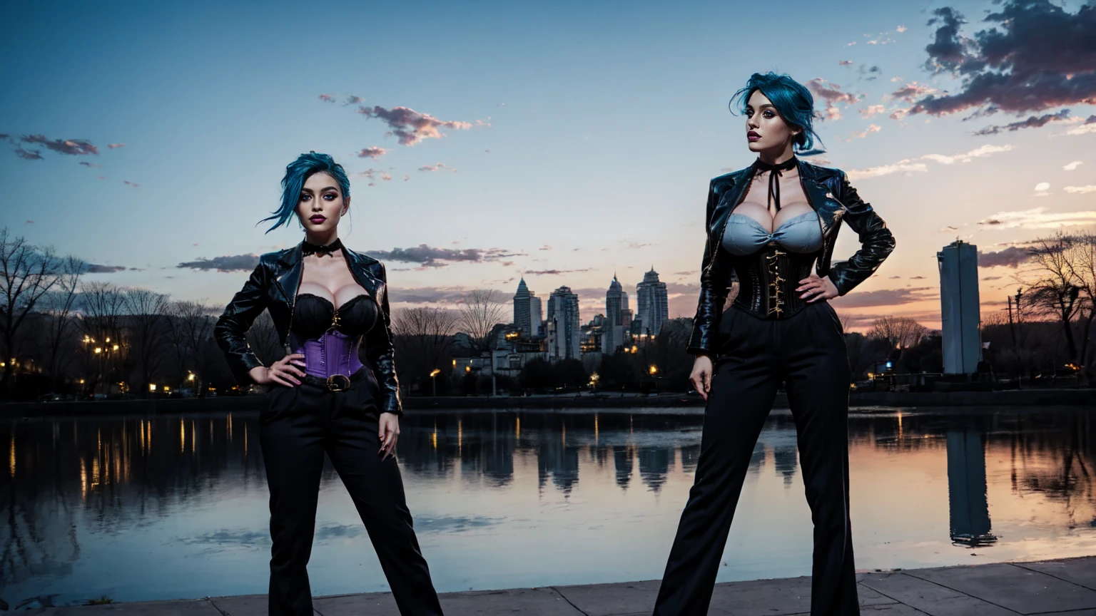 jinkesi_quan, blue hair, blue leahter corset, black jacket, big breast, black tight leahter Trousers, purple belt, standing in the city park