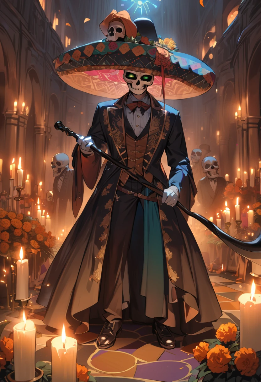 (masterpiece, best quality:1.1),the skeleton gentleman, wearing a sombrero and mariachi costume, face looks like a Calavera skull,arrogant, holding a large scythe, marigold flowers, candles, ,mexican secret chamber,(dia de los muertos),(Glowing magic-circle drawn on the floor, smoke,)