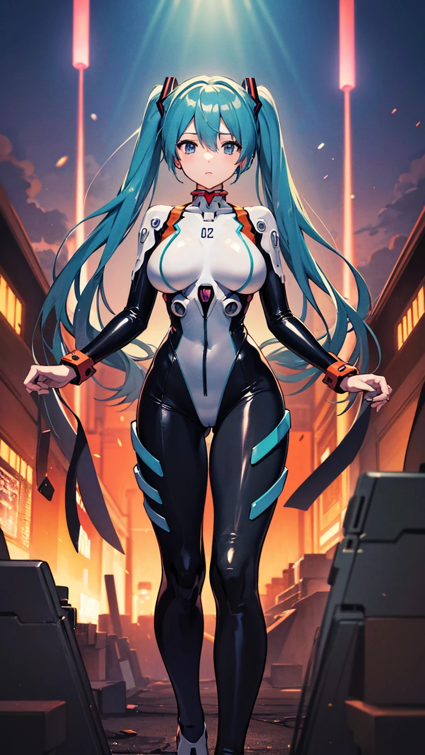 Hatsune Miku Vocaloid, Twin tails, Bright Blue Eyes, Light blue hair, Pichi Pichi body suit, ((Taimanin Suit)), cyber punk, Ultimate Physical Beauty, Beautiful Eyes, Big Breasts, 8k CG, Highest quality, Best image quality,