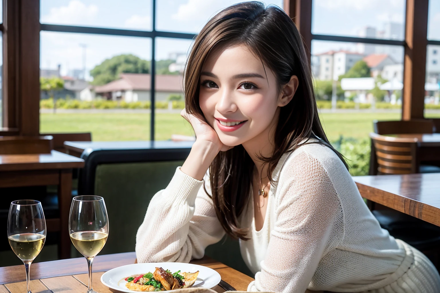 ((Highest quality、8K、masterpiece:1.3))、cute、slimカップル、modelカップル、actress男優、(Realistic, Intricate details:1.2), full-course dinner、Wine Party、Amazing view of the sunset sky and clouds、A bright smile、short hair,Bright Face、 (Age 45), 42 years old, red wine 、Appetizers、Italian food、Wine bottle、Champagne、sparkling wine、Two beauties、Brown Hair、Shortcuts、Long sleeve shirt、dress、Beautiful woman 1, (slimな顔), (The body is slim), (Brown Hair), (Shortcuts), cheeks turn a little red,Attractive beauty、restaurant, In a prominent place (From the waist up) Nova Frog Style, actress, model, Upper Body, White wine, slim, wine glass, 中央に置かれたwine glass, smile, (smile: 1.15), Beautiful fine grain, Depth f/2,saturation, High Contrast, Strong light and shadow,Moist Body:1.5、3D texture、Delicate eyes、Brown Hair、The hair is very shiny、
