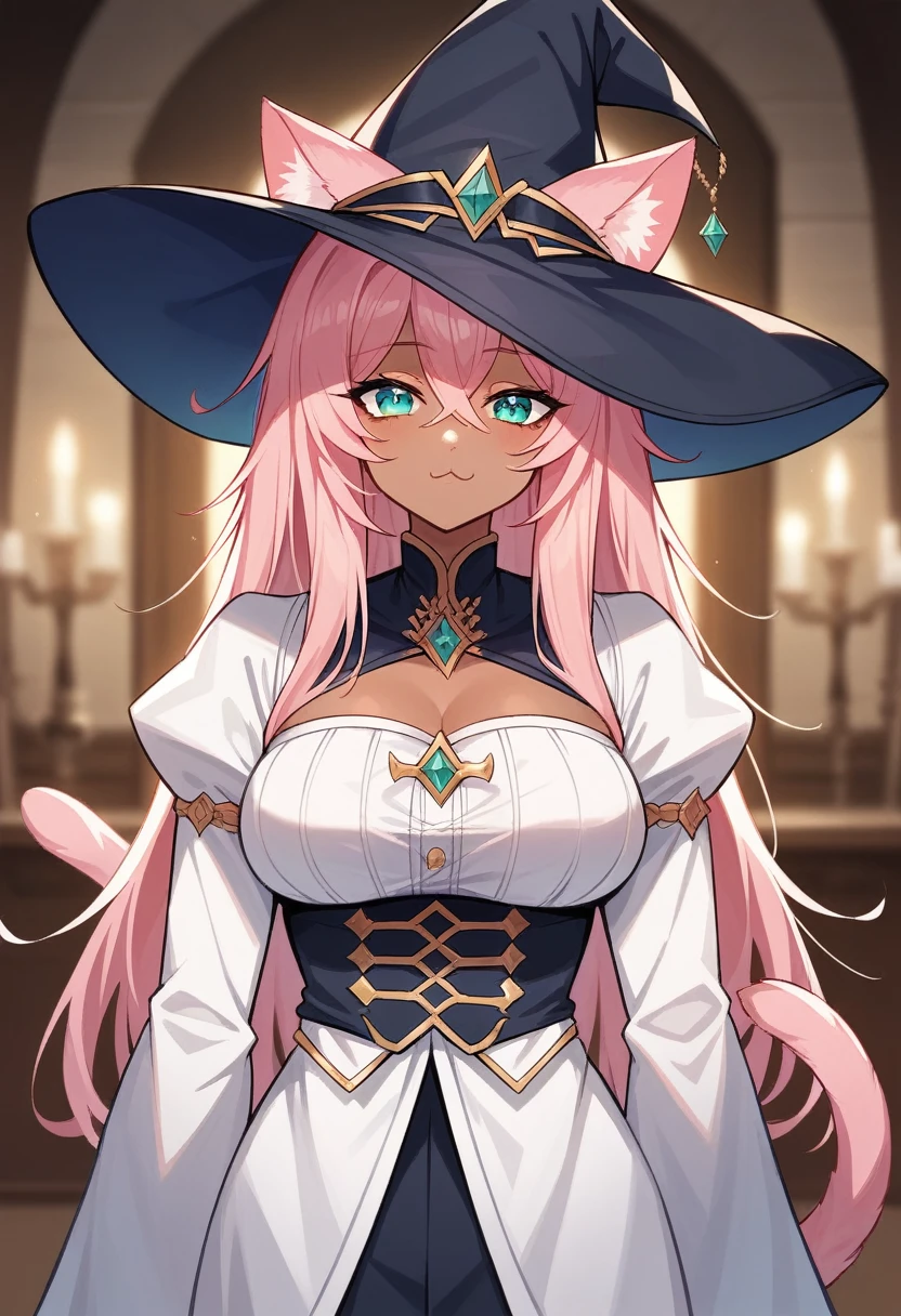 masterpiece,Top image quality,hight resolution,imagem 4k,Raw photo, {{{official art}}}, {{solo}}, {Adult}hair strand}, {{medium breasts}}, {Solo}, mages robes, fully cloths noble, witch hat, cat ears, cat tail, blurry background, indoors , cat ear, dark skin, black skin , pink cat ears,, Pink hair, teal eyes, long hair, looking at viewer