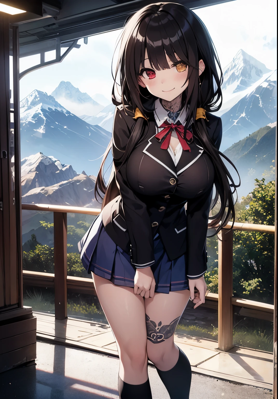 Masterpiece, high quality, ultra quality, best lighting, 1girl, ((tokisaki kurumi)), long hair, black hair, low twintails, monochrome, ((right red eye:1, left yellow eye:1)), black , ((black school uniform)), ((big breast)), ((big thigh)), smile, blush, cute face, ((gesugao face)), standing, sexy body, sexy, tattooed full body, tattooed face, (((tattooed))),looking at viewer, large the breast, nsfw, (((mountain)))